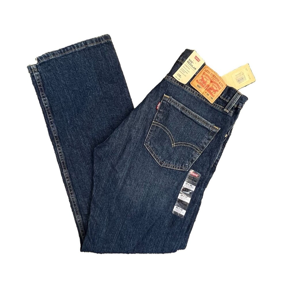 Levi's 505 32x32 Regular Fit Straight Dark Wash Blue Denim Jeans Stretch NEW